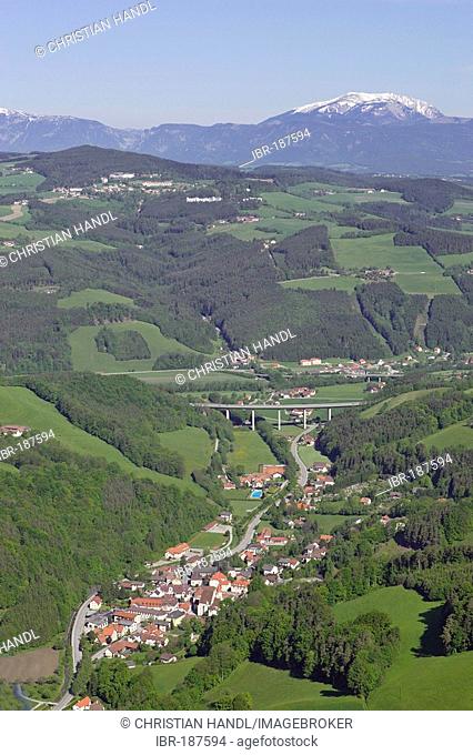 Village of Edlitz and the South highway, aerial shot, Lower Austria, Austria