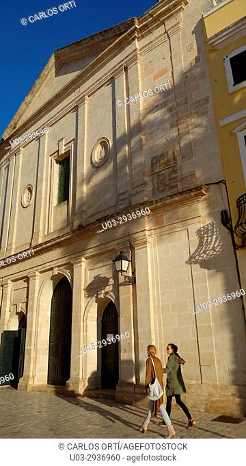 Tourists visiting the menorcan church of Sant Francesc de Asís, Ciutadella, Spain, Europe, Balearic islands
