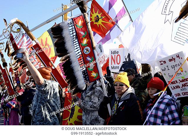 The Idle No More movement and its supporters march near the Ambassador Bridge in Windsor, Canada. The National Day of Action drew about 500 to 700 protestors...