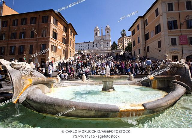 Barcaccia fountain, Spanish steps and Piazza di Spagna, Rome, Lazio, Italy, Europe