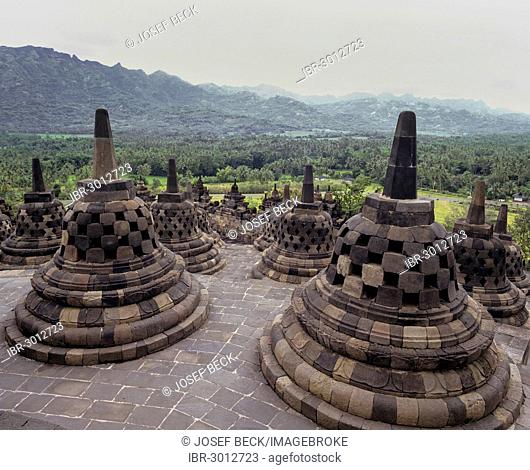 Stupas on the terrace of the temple complex of Borobudur, view over the Kedu valley, UNESCO World Cultural Heritage Site, Yogyakarta
