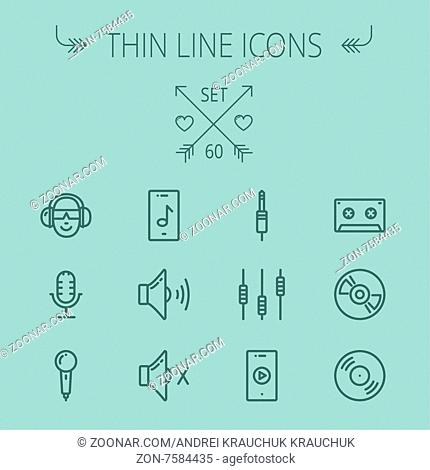 Music and entertainment thin line icon set for web and mobile. Set includes- loudspeaker, headphone, microphone retro, cassette tape, control volume