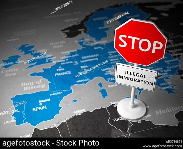 Stop illegal immigration concept. Sign stop on the map of Europe. 3d illustration