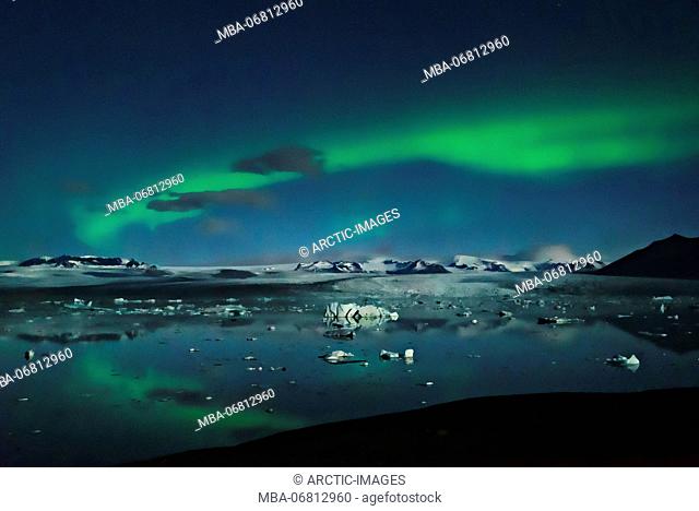 Northern lights over the Jokulsarlon Glacial Lagoon, Iceland