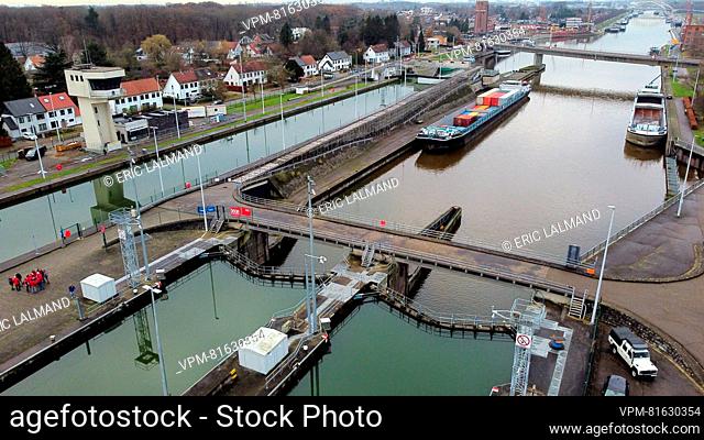 This aerial drone image shows boats lined up before a closed lock in the Albertkanaal - Canal Albert canal in Wijnegem, during a strike action of the personnel...