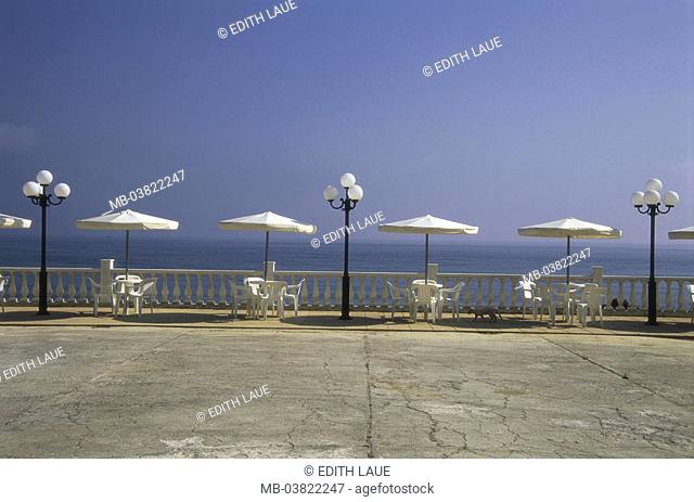 Sea, riparian promenade, tables, chairs,  Parasols, lanterns,   Greece, Zakynthos, Argassi, Ionic islands, island, vacation, summer, sun, water, promenade