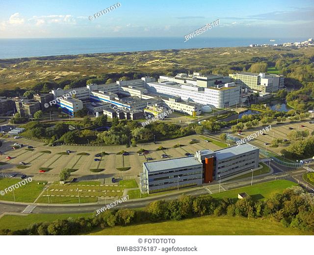 aerial view to the European Space Research and Technology Centre, North Sea Coast and Coepelduynen in background, Netherlands, Noordwijk aan Zee