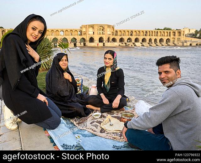 The Khadju Bridge over the Zayandeh Rud River in the Iranian city of Isfahan, taken on April 25th, 2017. The two-story bridge with its 23 brick arches is 128