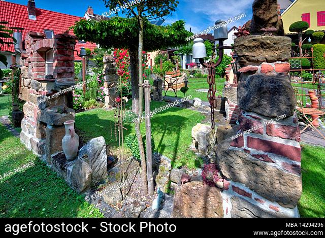 Garden, garden complex, stone wall, idyll, summer, reportage, Baunach, Bamberg, Upper Franconia, Bavaria, Germany