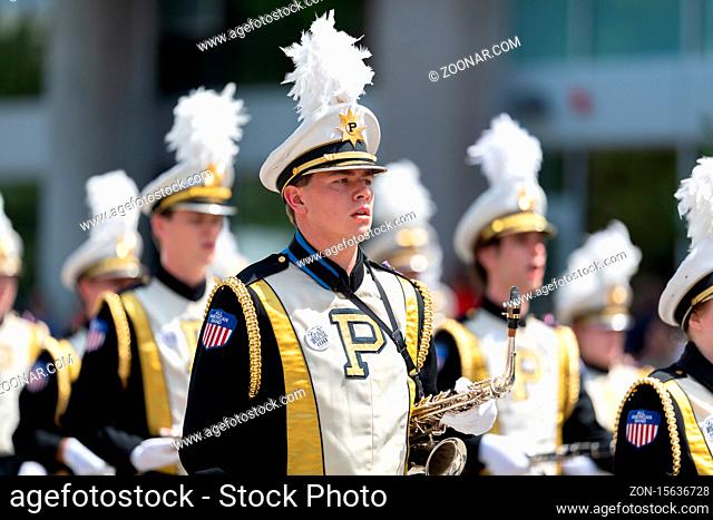 Indianapolis, Indiana, USA - May 25, 2019: Indy 500 Parade, The All American Band from the Purdue University performing at the parade