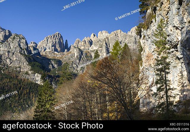 Peaks of Dolomiti di Brenta high above Valle delle Seghe near Molveno. Dolomiti di Brenta, part of UNESCO world heritage Dolomites
