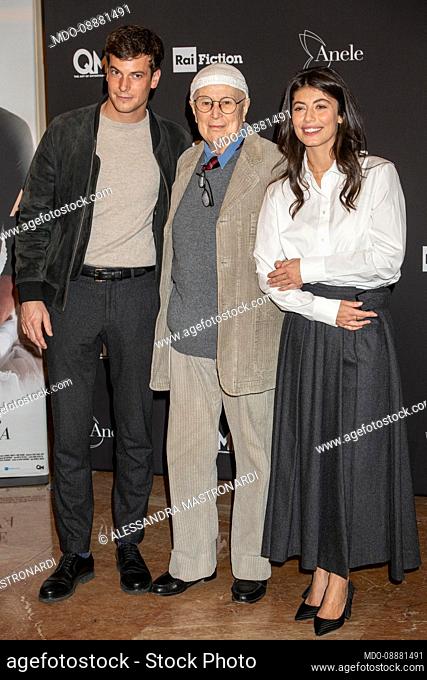 French actor Leo Dussolier, the theater director Beppe Menegatti (husband of Carla Fracci) and Italian actress Alessandra Mastronardi during the photocall on...