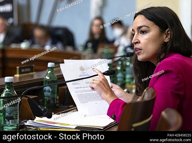 United States Representative Alexandria Ocasio-Cortez (Democrat of New York) questions witnesses during the US House Committee on Natural Resources hearing...