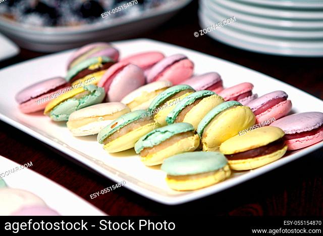 Close up of macarons dessert on the plate