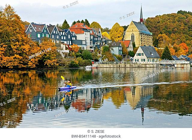 Beyenburg storage lake and historic centre with St Maria Magdalena church, Germany, North Rhine-Westphalia, Bergisches Land, Wuppertal