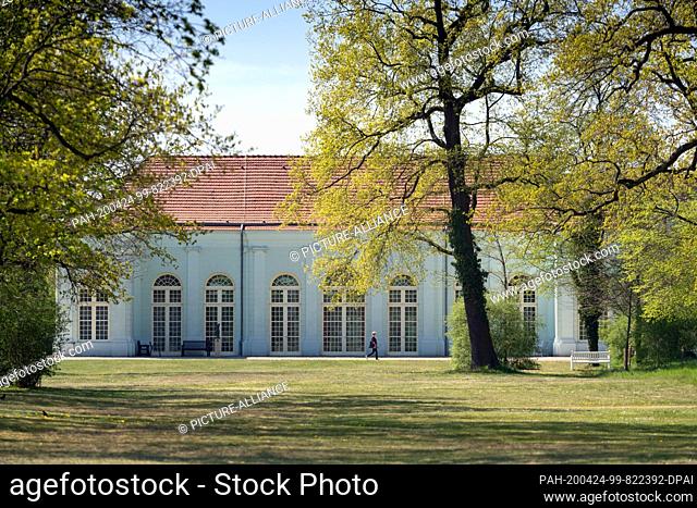 24 April 2020, Brandenburg, Oranienburg: A woman walks in the park past the castle by the orangery. After five weeks of Corona-related closure