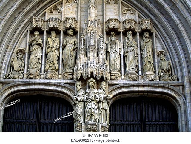 The door of the Brabantine Gothic style, St Michael and St Gudula Cathedral, Brussels. Detail. Belgium