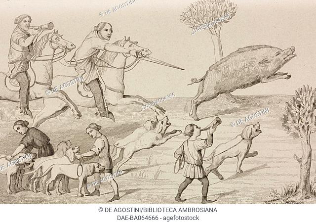 Wild boar hunting, Gaston III Febus giving a hunting lesson, France, engraving by Lemaitre from France, deuxieme partie, L'Univers pittoresque