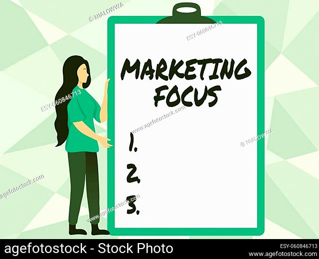Text caption presenting Marketing Focus, Word for understanding your customers and thier needs using stats Woman Drawing Holding A Big Empty Clipboard Showing...