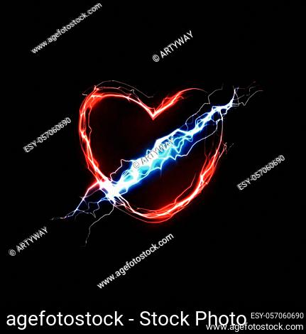 Thunderbolt in heart. Love and feelings associated with love. Abstract symbol of passion and love energy. Vector illustration