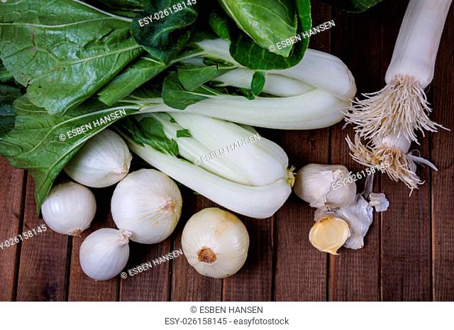fresh vegetables pok choym leeks, onion, broccoli and garllic