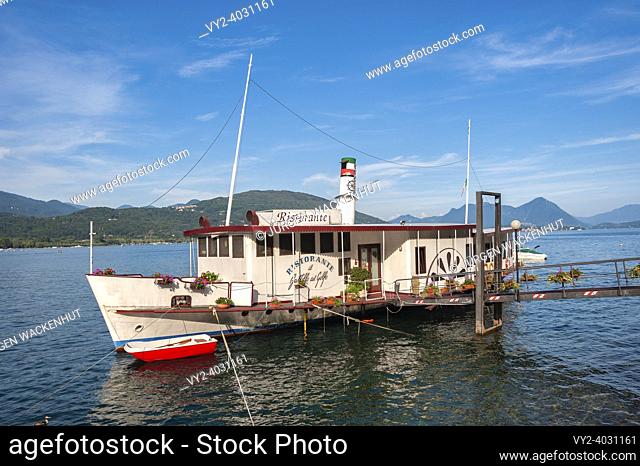 Ship restaurant on the lake promenade, Feriolo, Piedmont, Italy, Europe. Ship restaurant on the lake promenade of Feriolo