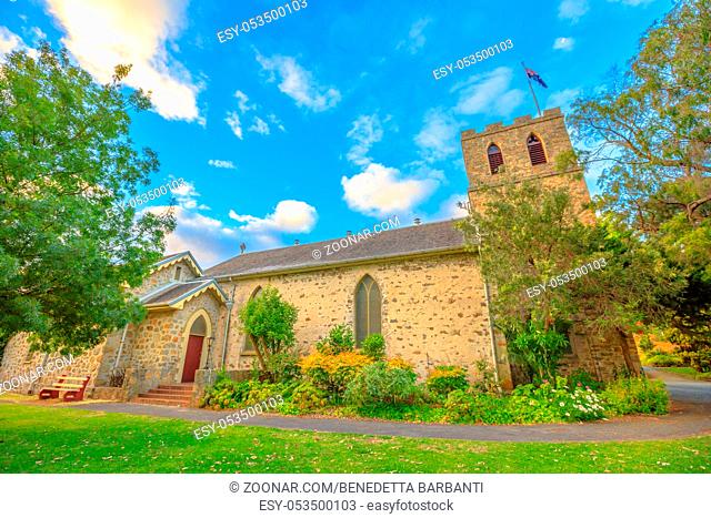 Famous landmark of St John the Evangelist Anglican Church, the oldest church to be consecrated in Western Australia. This side view is from Peel Place in Albany