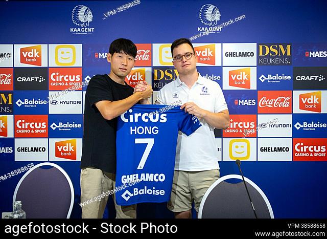 KAA Gent's player Hyunseok Hong (Hongy) and Gent's Scout Samuel Cardenas pictured at a press conference of Belgian soccer club KAA Gent to present a new player