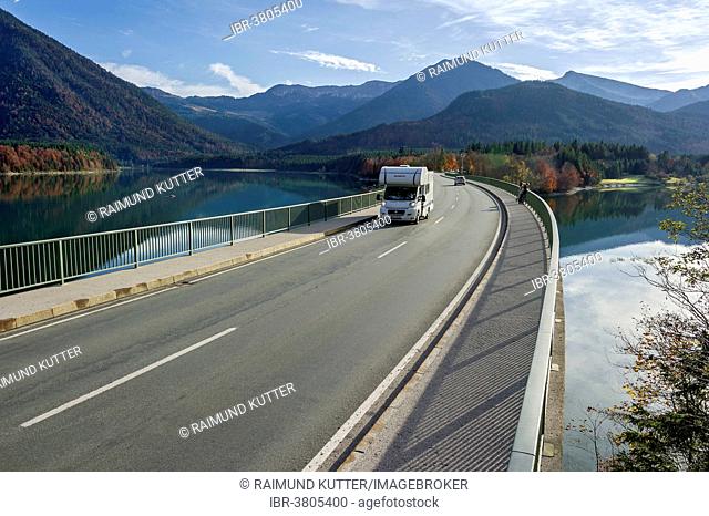 Fallerklamm Bridge over the Sylvenstein Dam, campervan, Isar Valley at Isarwinkel, Upper Bavaria, Bavaria, Germany