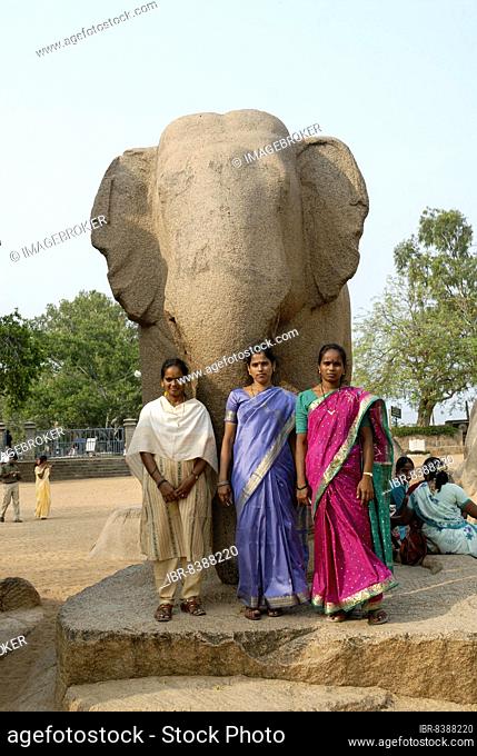 Elephant sculpture amongst the Five Rathas, monolithic rock cut architecture dating from the late 7th century in Mahabalipuram Mamallapuram near Chennai