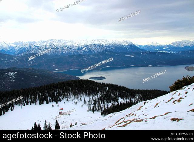 Hike to Jochberg, in view the Jochbergalm, Walchensee, Karwendel Mountains in winter, Bavarian Alps, Upper Bavaria, Bavaria, Germany