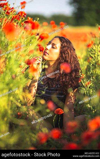 Young woman smelling on poppy flower in poppy field