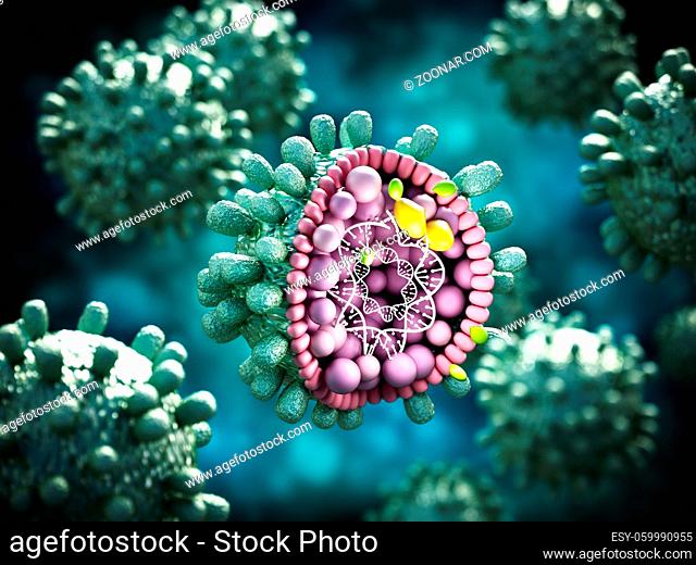 Structural detail of Hepatitis B virus on blue-green background. 3D illustration