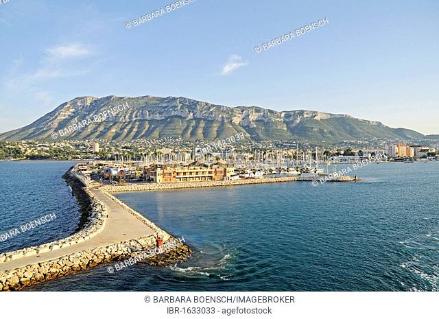 Ships, marina, port, coast, Mt. Montgo, Denia, Costa Blanca, Alicante, Spain, Europe