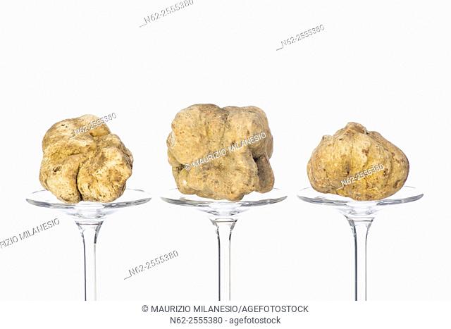 Still life of a truffles placed on the pedestal in glass on the white background