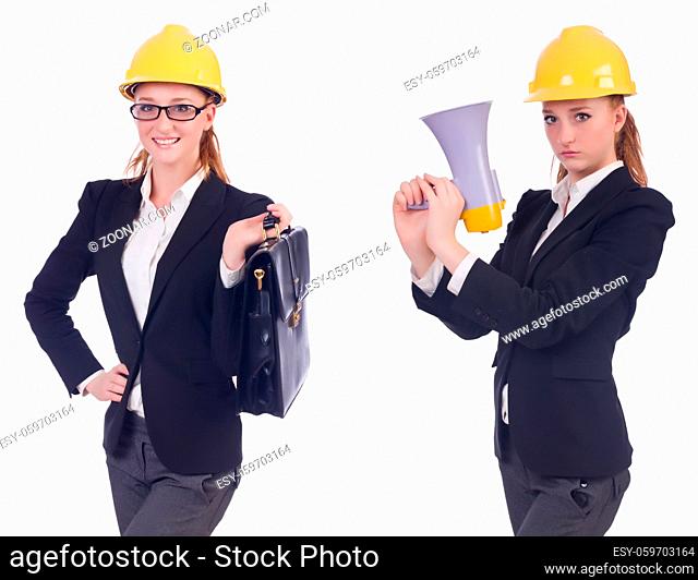 Female builder with megaphone isolated on white