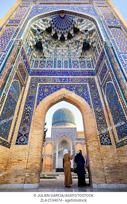 The finely decorated entrance gate of the Guri Amir mausoleum. Uzbekistan, Samarkand