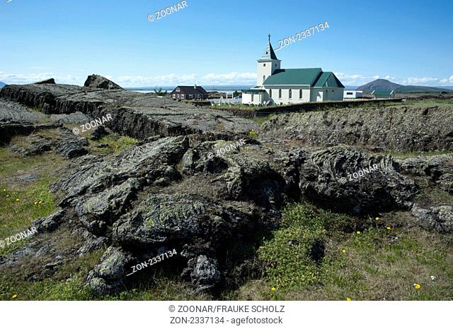 Europa, Island, Iceland, Reykjahlid, Kirche, Eldhraun-Lava, Lavafeld, Lava, Kirche und Lava