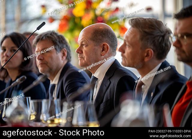 27 March 2023, Netherlands, Rotterdam: German Chancellor Olaf Scholz (SPD), is taking part in the German-Dutch government consultations in Rotterdam alongside...