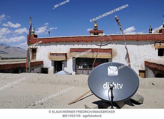 Shey monastery with satellite antenna and a bike wheel as a radio antenna, Ladakh, India, Himalayas, Asia