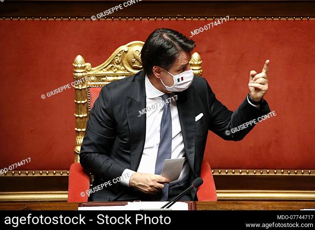 Italian Prime Minister Giuseppe Conte with protective mask during the session in the Senate Hall for communications on further initiatives in relation to the...