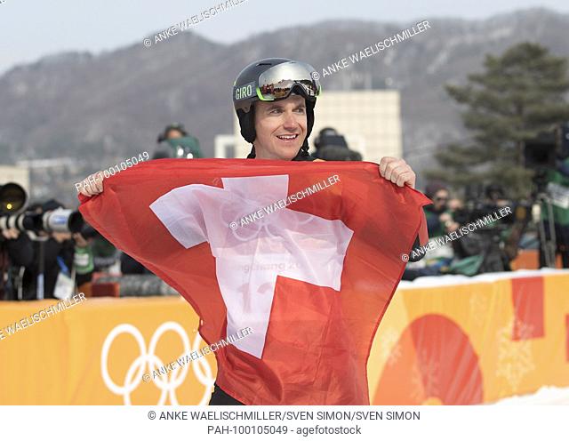 Nevin GALMARINI, SUI, 1. Platz, Olympiasieger, Sieger, Gewinner, winner, with der schweizerischen Flagge, Fahne, .jubilation, jubelt, Freude, Begeisterung