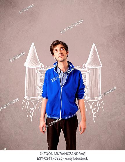 Cute man with jet pack rocket drawing illustration