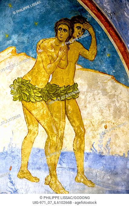 Detail of a fresco in the Greek orthodox church of the Annunciation, Nazareth, Israel. Adam and Eve expelled from paradise