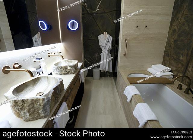 RUSSIA, ALTAI REPUBLIC - DECEMBER 1, 2023: A view of a bathroom in a room of the 5* Hotel at the Manzherok ski resort on the eve of its opening