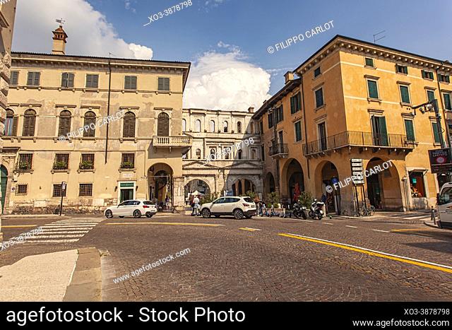 VERONA, ITALY: Porta Borsari in Verona; an ancient building in the famous and historical city in Italy