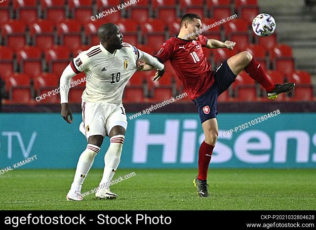 L-R Romelu Lukaku (Belgium) and Jan Boril (Czech) in action during the World Cup qualifier group E: Czechia vs Belgium in Prague, Czech Republic, on Saturday