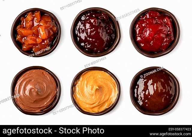 set of glass bowl with jam isolated on white background