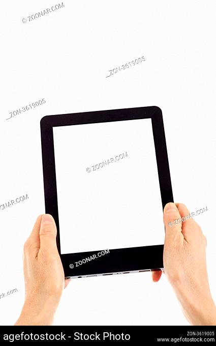 Hands holding and point on digital tablet isolated over white background