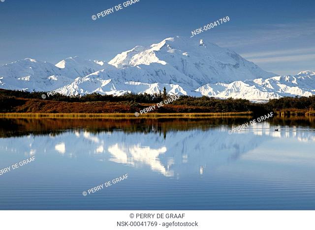 Denali mountains, reflected in water, also known as Mount McKinley, its former official name, is North America's highest mountain at 20, 310 feet or 6